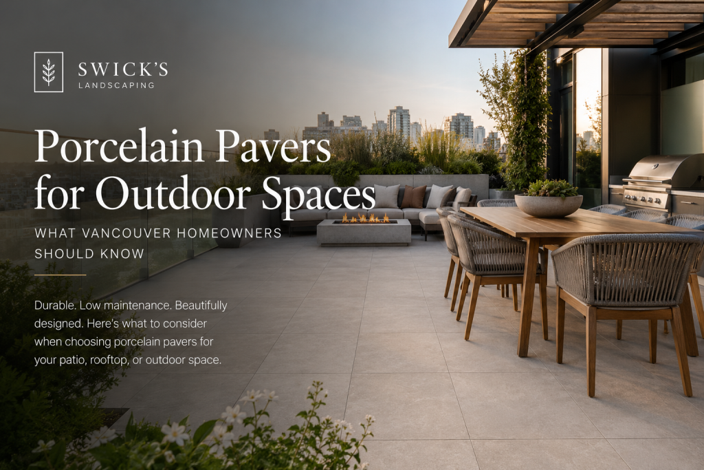 porcelain patio vancouver landscaping - Swick's Landscaping Ltd. Rooftop outdoor living space with porcelain pavers, sectional seating, and a grill, showcasing Swick's Landscaping branding and the title 'Porcelain Pavers for Outdoor Spaces'.