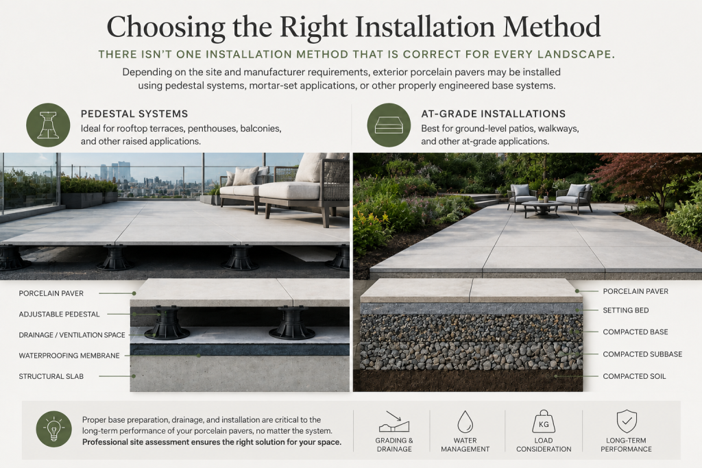 porcelain pavers Vancouver - Swick's Landscaping Ltd. Infographic comparing pedestal-based outdoor deck vs. at-grade porcelain paver installation with cross-section diagrams and labeled components on each side.
